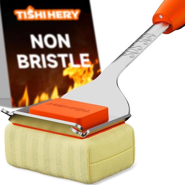 Bristle Free Grill Brush for Outdoor Grill Cleaning, Safe Steam BBQ Cleaner Brush with Scraper, 17” Extended Handle, Replaceable Head for Cast Iron, Stainless Steel, Porcelain, Ceramic Grates, Orange
