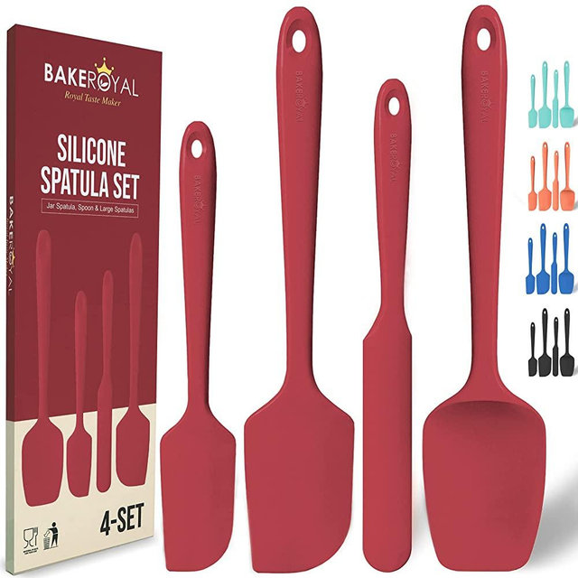 BakeRoyal Silicone Spatula Set - 4-Piece Rubber Spatulas Silicone Heat Resistant 600°F for Everyday Task - Seamless Design Kitchen Spatulas for Nonstick Cookware - Silicone Kitchen Utensils Sets