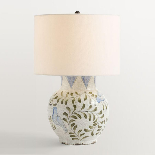 Bird Print Ceramic 22" Table Lamp, White/Blue