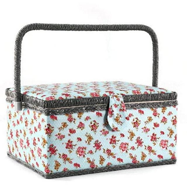 Sewing Basket with Blue Pink Rose Floral Design - Sewing Kit Storage Box with Removable Tray, Built-in Pin Cushion and Interior Pocket - by Adolfo Design