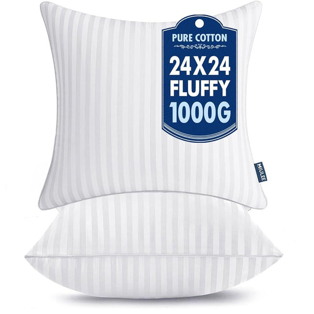 MIULEE 24x24 Pillow Inserts, Firm and Fluffy Decorative Square Throw Pillows for Couch Sofa Bed, Down Alternative with 100% Cotton Cover Pack of 2
