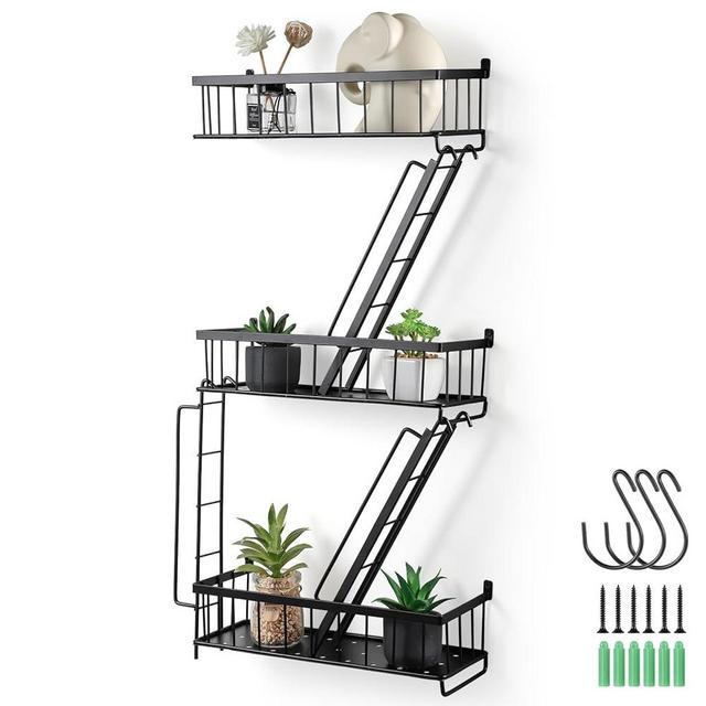 SweetSage Fire Escape Wall Shelf - Wall Mounted Floating Shelf with 3 Hooks, Black Metal Hanging Shelves for Bedroom, Home Office Storage and Display (3-Tier)