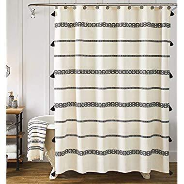 YoKii Tassel Fabric Shower Curtain, Black and Beige Stripe Print Boho Polyester Bath Curtain Set with Hooks, Decorative Spa Hotel Heavy Weighted 72-Inch Bathroom Curtains, (72 x 72, Black and Beige)