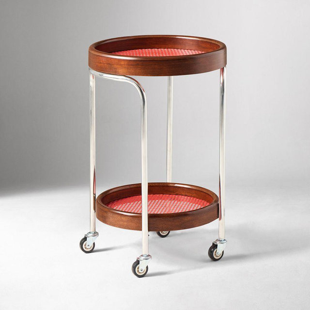 Emma Chamberlain Perforated Round Bar Cart, Dark Walnut, Polished Stainless Steel