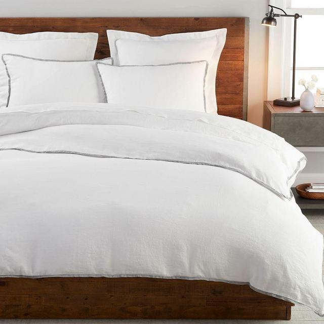 White/Flagstone Belgian Flax Linen Contrast Flange Duvet Cover, King/Cal. King