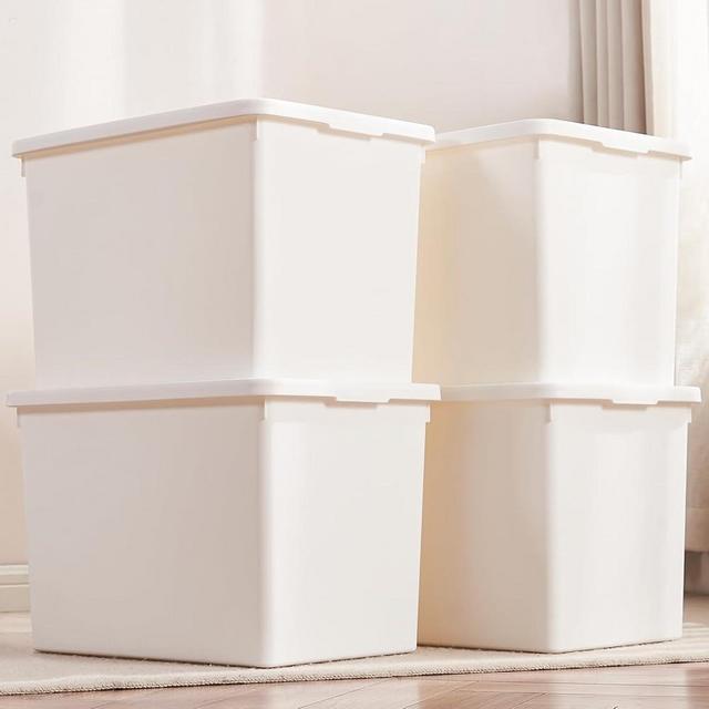 White Storage Bins with lids,Office stackable Plastic Boxes Set of 4,Garage organization Storage Box with handle for Organizing Snacks, Crafts, Legos, Tools,books (white, 4XXXL)
