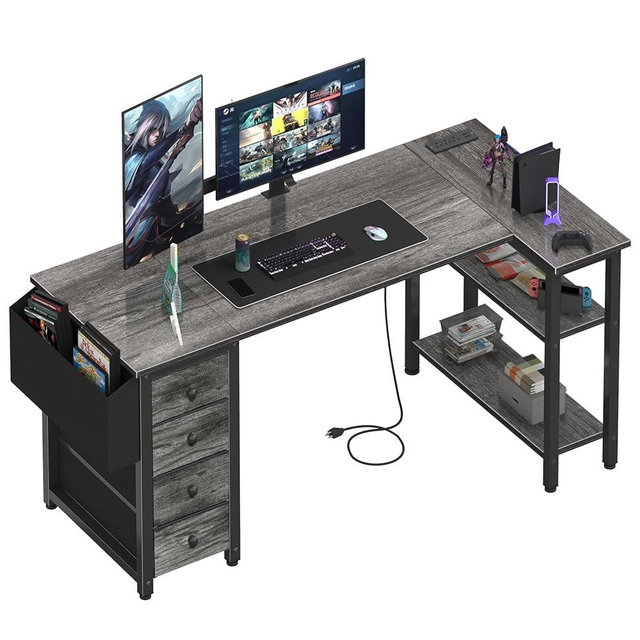 Lufeiya L Shaped Gaming Desk with Drawers & Storage Shelves, 55 Inch Corner Computer Desk with Power Outlet for Home Office Bedroom, L-Shaped Teen PC Desks with Fabric Drawer, Gray