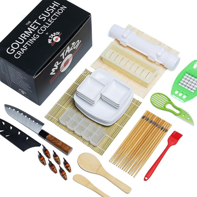 Mr Tazoi Gourmet Sushi Crafting Collection - Complete 40 Piece Sushi Making Kit with Bamboo Rice Roller, Japanese Knife, Plates, and More (WHITE KIT)