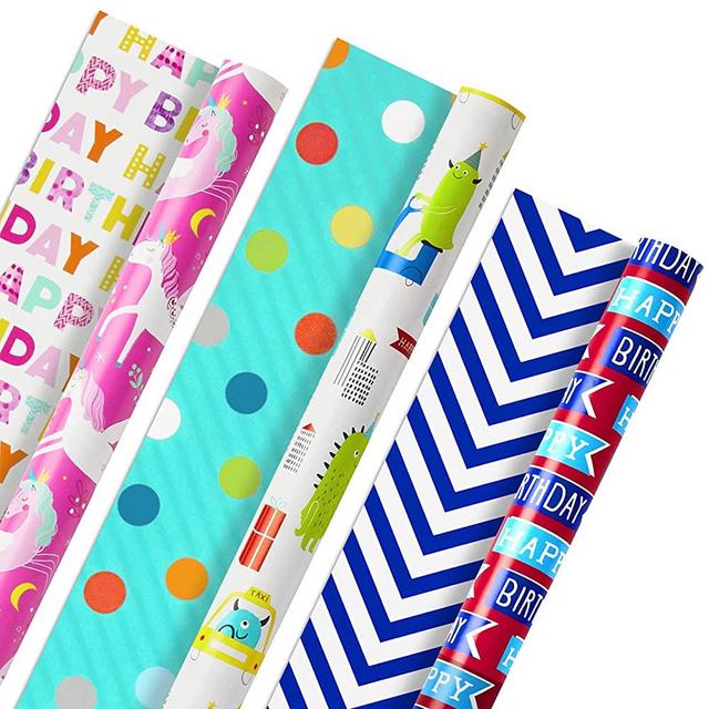 Hallmark Reversible Kids Birthday Wrapping Paper (3 Rolls: 120 sq. ft. ttl.) Monsters and Unicorns, Polka Dots, Chevron, Pink, Teal, Blue, Red, Orange, Lime Green