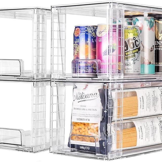 Zero Zoo 4Pack Large Stackable Kitchen Storage Drawers, Clear Foods Organizer Bins with Handles, Easily Assemble for Bathroom, Kitchen, Pantry, Cabinet, Closet(XL-Down Handle)