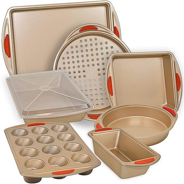 Baking Pan 8 Piece Set Nonstick Gold Carbon Steel Oven Bakeware Kitchen Set with Silicone Handles, Cookie Sheet, Roasting Pan, Lid, Square Pan, Round Pan, Loaf Pan, Pizza Crisper, Muffin Pan by PERLLI