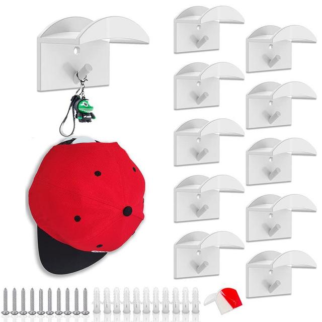 Rockgoya Adhesive Hat Hooks for Wall, 10 Pack White Super Sticky Wall Mount Hat Rack, Durable Hold Hat Hangers, Minimalist Hat Holder Organizer & Intall by Drilling, Upgrade-Transparent