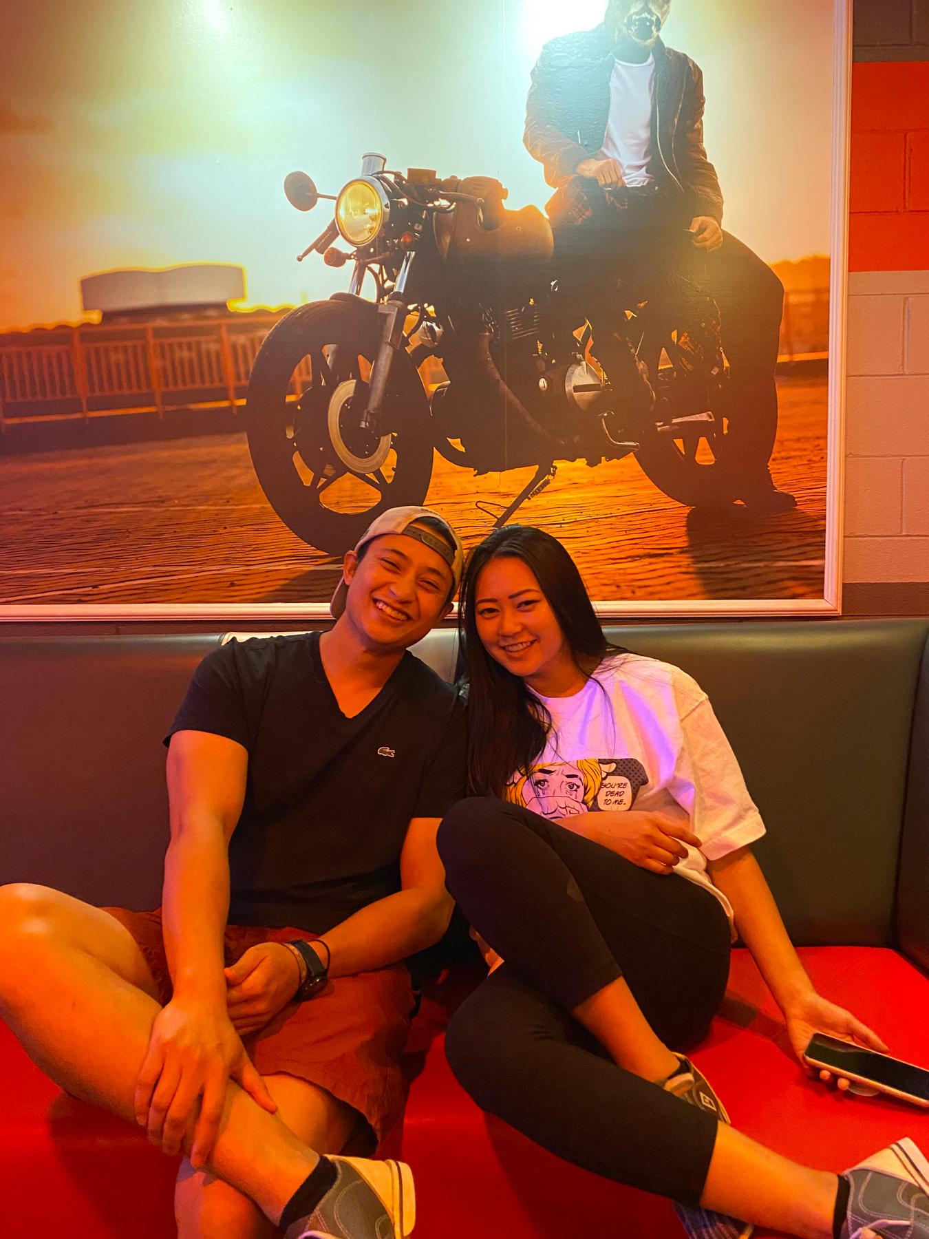 Our first picture ever taken together at the bowling alley. David actually forgot to change to his shoes so he accidentally wore the bowling shoes as we left the bowling alley.