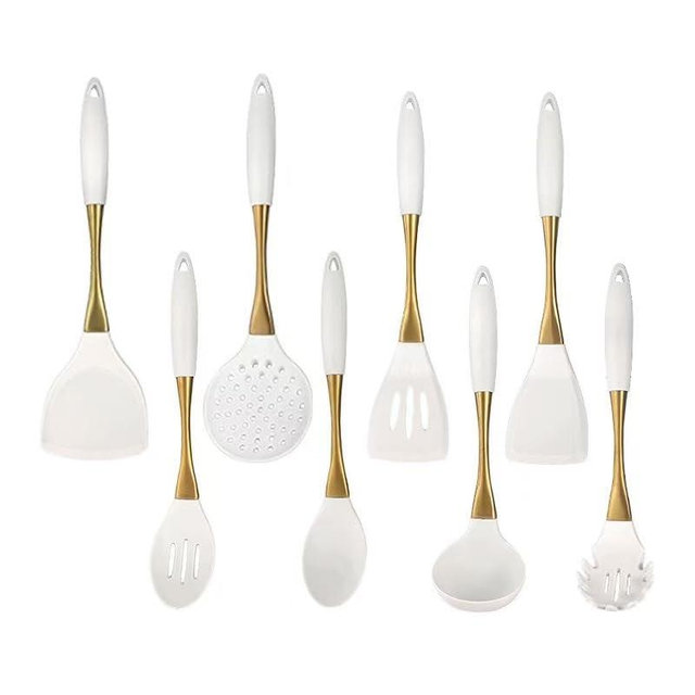 8-Piece White Kitchen Utensil Set with Gold Handles, Stainless Steel Cooking Tools, Includes Spatulas, Ladle, Spoons for Nonstick Cookware (Gold and White)
