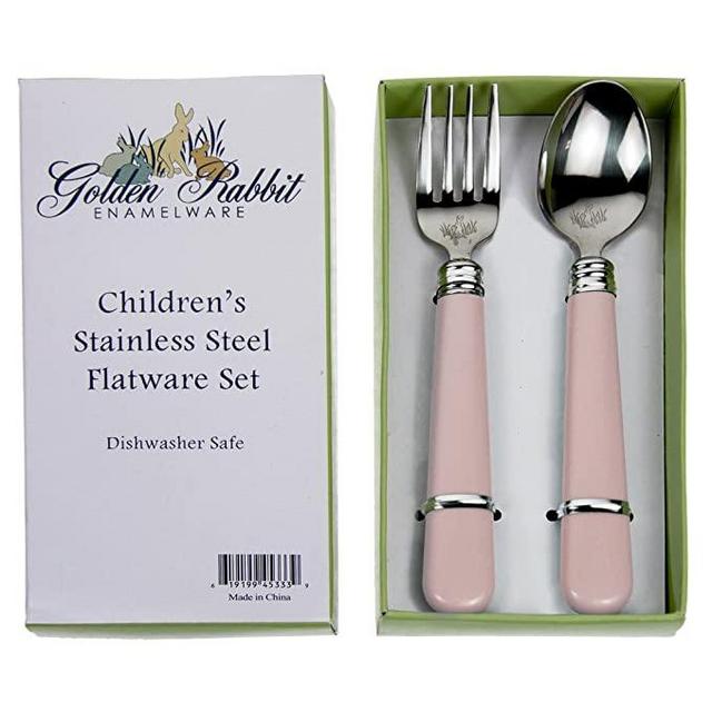Golden Rabbit Child Fork & Spoon Set - Pastel Pink