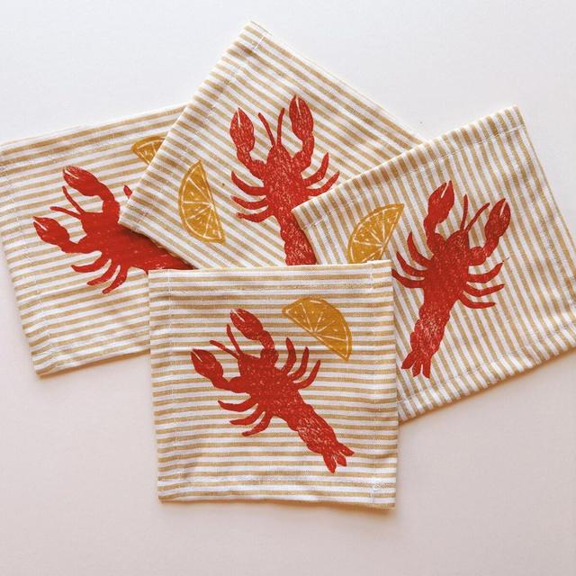 linen cocktail napkins. lobster on mustard stripe. hand block printed. boho decor. hostess or housewarming gift. low country boil. coastal.