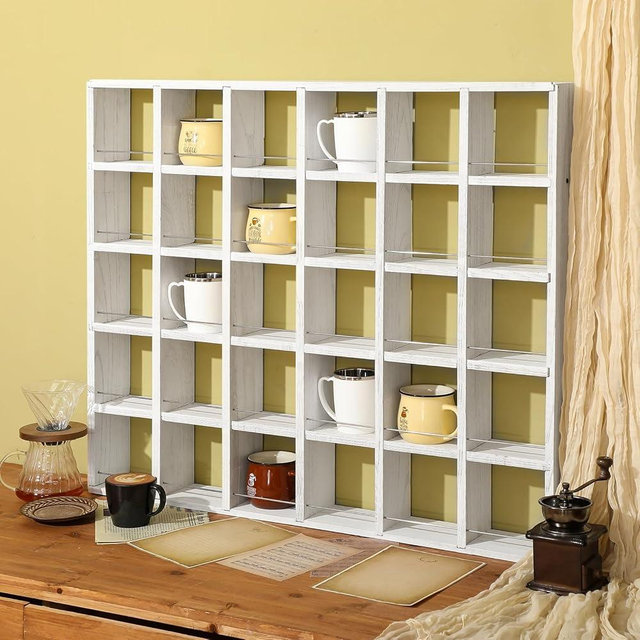 Kigley Oversize Coffee Mug Display Rack Wooden Shelves Rustic Shot Glass Display Case Travel Mug Shelf Wall Mounted Rack Holder Shadow Box(5 x 6,White)