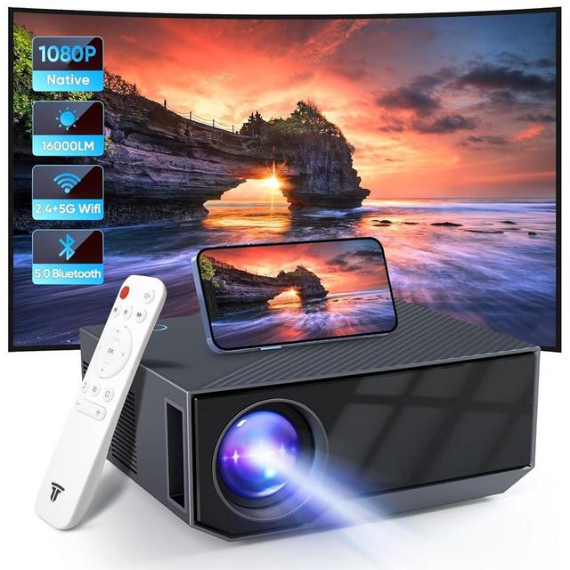 Projector with WiFi and Bluetooth, 16000Lumens Portable Mini Projector,Native Full HD 1080P Outdoor Movie Projector,Smart Projector Compatible with TV Stick/HDMI/USB/Android/iOS/Windows