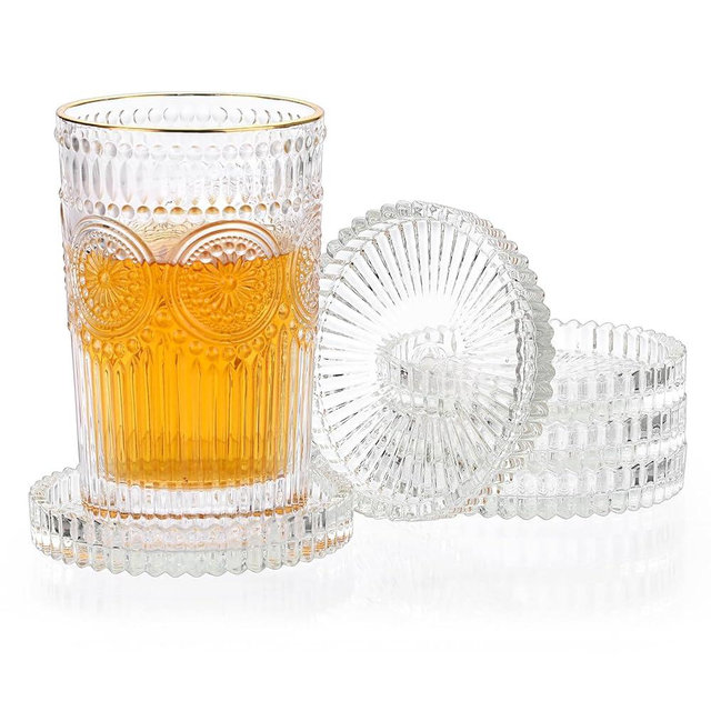 JUXYES 5 Pack Glass Coasters Round Cup Mat, Clear Glass Coasters for Drinks Coffee Tea Wine, Decorative Wine Bottle Coasters, Crystal Drink Coasters for Restaurant bar Kitchen Dining Table