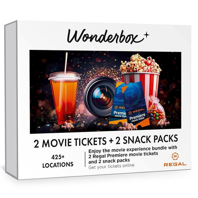 Wonderbox – REGAL Movie Bundle - 2 Premiere Movie Tickets + 2 Snack Packs – Original Gift Idea - Experience Gift - 425 Locations in The US