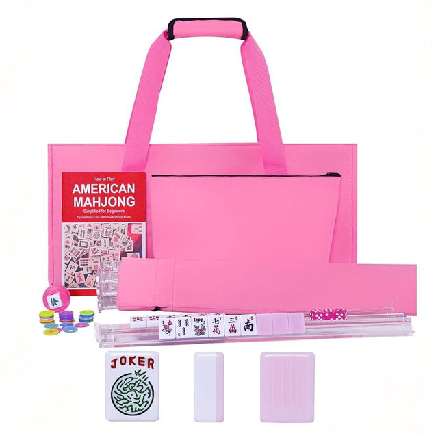 GUSTARIA American Mahjong Game Set, 166 Pink Tiles, Pink Bag and Accessories, 4 All-in-One Transparent Rack/Pushers, Mahjong Tiles Set