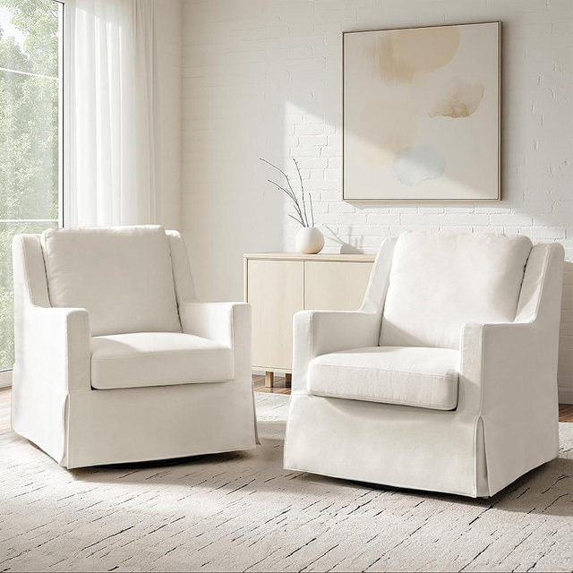 HULALA HOME Swivel Rocker Chairs Set of 2, Farmhouse Swivel Rocking Accent Chairs with Washable Slipcover, Fabric Upholstered Barrel Armchairs with Down Filled Cushions, Ivory