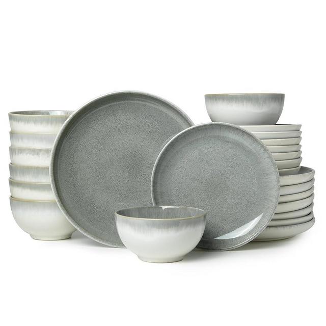 Pokini 24 Piece Dinnerware Sets for 8, Modern Stoneware Plates and Bowls Sets, Perfect for Family Gatherings & Holiday Celebrations, Easy Cleaning Dishes, Stack Compactly Plate Set, Gradient Green