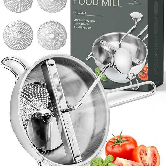 Upgraded 4-Disc Stainless Steel Food Mill – Ergonomic Rotary Design for Tomato Sauce, Applesauce, Baby Food, Mashed Potatoes, Jams, and More