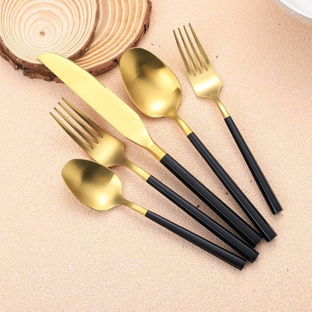 Zerophilo Matte Silverware Set Gold Flatware Set with Hexagon Handle 20 Pieces 18/0 Stainless Steel Cutlery Set Wedding Housewarming Gift Service for 4 (Matt black gold)