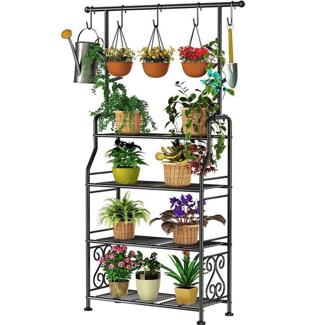 GIOTORENT Plant Stand Indoor Outdoor, 4-Tier Heavy Duty Metal Shelves, Display up to 17 Multiple Plants, Tall Plant Holder with Plant Hanger, Suit for Patio Living Room Garden Balcony, 5 Hooks, Black