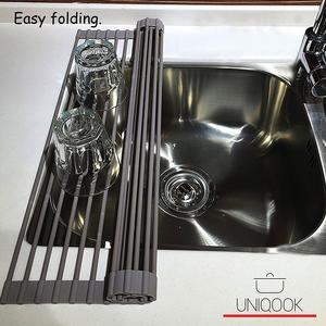 Roll Up Dish Drying Rack by Uniqook - Over the Kitchen Sink Large Silicone Stainless Steel Dishes Drainer, Drain Board Colander Mat and Dry Dishes Organizer, for Pans Bottles Bowls, Foldable Storage