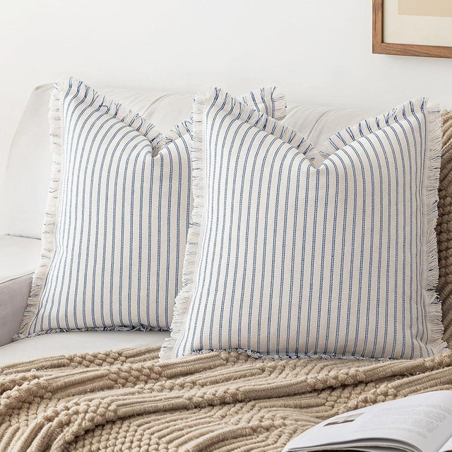 YEENAASY Striped Farmhouse Throw Pillow Covers 20X20 Set of 2 Boho Pillow Cover with Fringe Tassel Chic Cotton Decorative Pillows Modern Neutral Square Cushion Pillowcase for Sofa Couch Bed, Blue