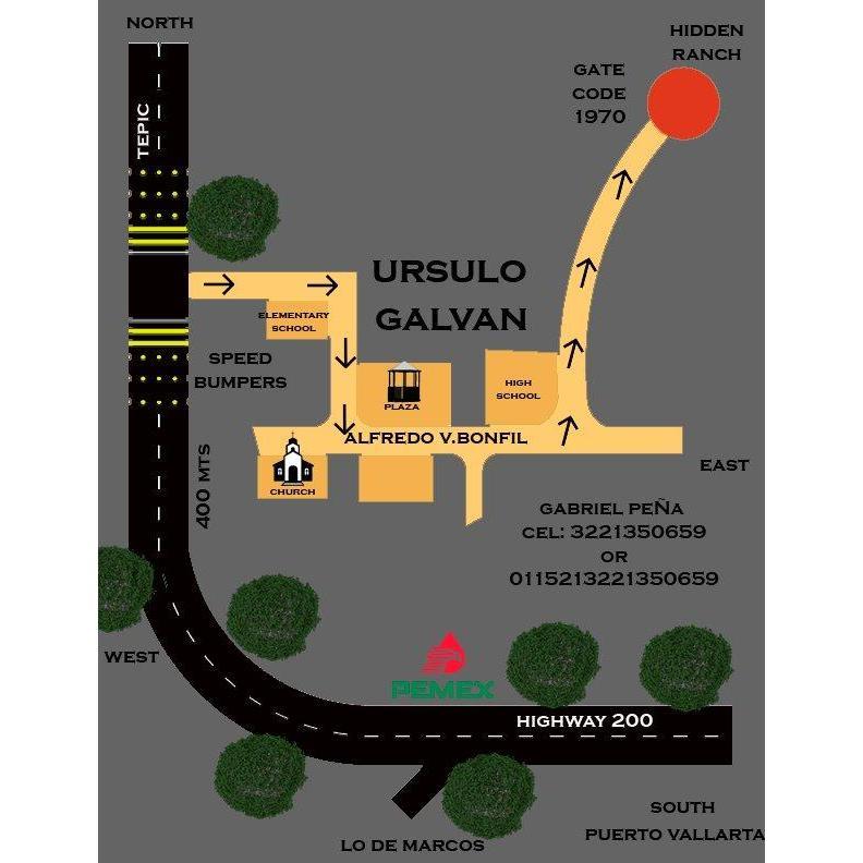 This is the location of Hacienda. The town is very easy to miss, so make sure to keep a lookout for Ursulo Galvan. Park at the Plaza and we will shuttle you up and down to the "Hidden Ranch".