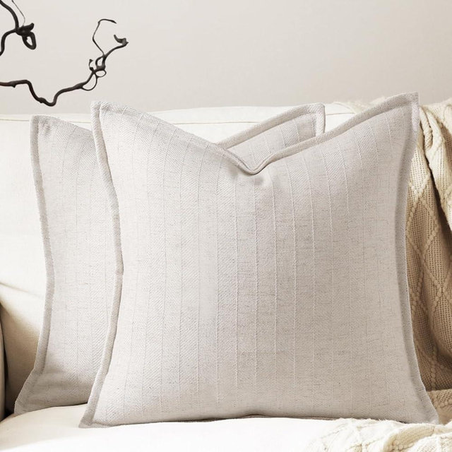 DEZENE 18x18 Linen Pillow Covers Beige Pack of 2 Farmhouse Boho Neutral Accents Striped Textured Square Decorative Throw Pillow Cases for Living Room Couch Bed Home Decor