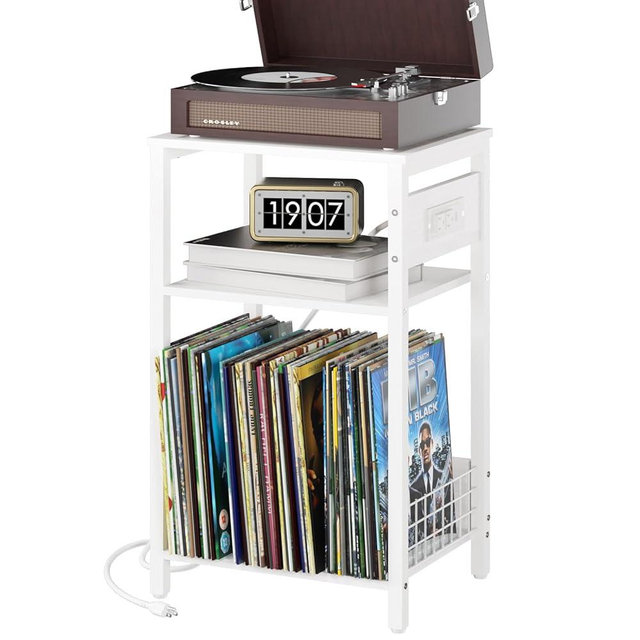 Yoobure Record Player Stand, 3-Tier White Side Table with Charging Station, Small End Table Nightstand with Vinyl Storage, Tall Beside Tables Turntable Stand for Album CD, Night Stand for Living Room