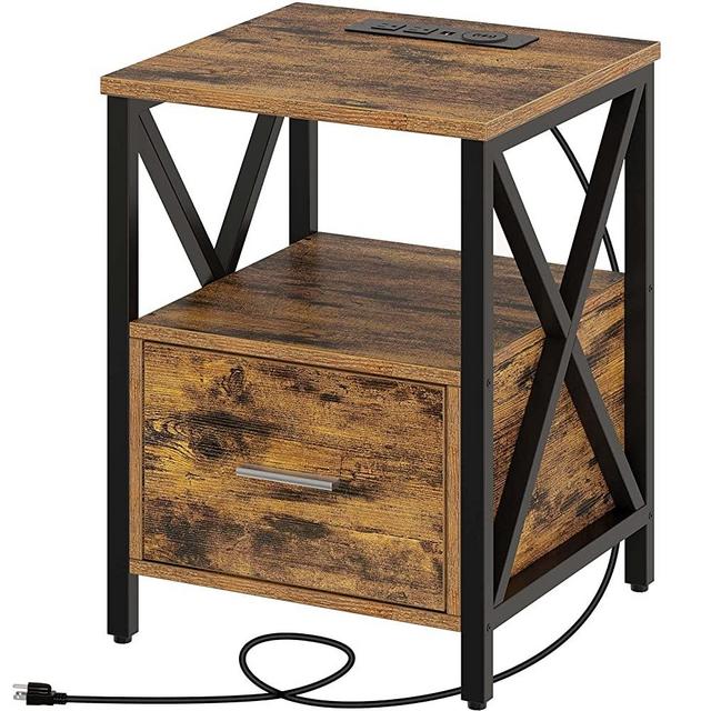Rolanstar End Table with Charging Station, Side Table with Wireless Charger, USB Port and Power Outlet, Farmhouse Nightstand Sofa Table with Storage Drawer for Living Room and Bedroom, Rustic Brown