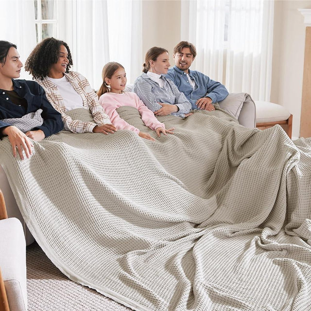 Bedsure 100% Cotton Large Blankets Oversized King for Bed - Waffle Weave Blankets for Spring, Lightweight and Breathable Couch Cover Blankets, Light Beige/Linen, 120x94 inches