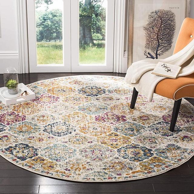 SAFAVIEH Madison Collection MAD611B Boho Chic Floral Medallion Trellis Distressed Non-Shedding Dining Room Entryway Foyer Living Room Bedroom Area Rug, 5'3" x 5'3" Round, Cream / Multi