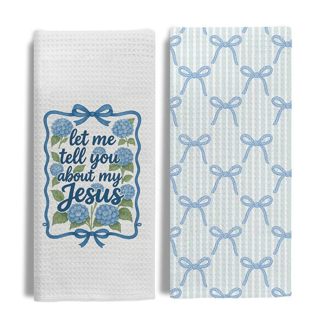 EKGJW 2 Pack Christian Blue Hydrangea Bow Kitchen & Hand Towels,Coastal Western Cowgirl Bow Dish & Tea Towels for Kitchen & Bathroom Decor,16x24 Inch