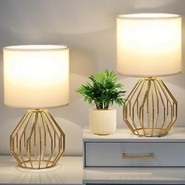 KRASTY Small Gold Table Lamps, Set of 2 Bedside Nightstand Lamps with White Fabric Shade, Metal Base, Hollow Desk lamp, Modern Brass Geometric End Table Lamp for Bedrooms, Living Room,Office,Foyer
