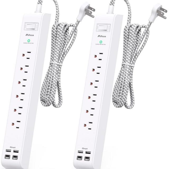 2 Pack Extension Cord Flat Power Strip - Surge Protector with 6 Outlets 4 USB Charging Ports, 10Ft Long Cord, Flat Plug, Overload Protection, Wall Mount for Home Office, Dorm Room Essentials