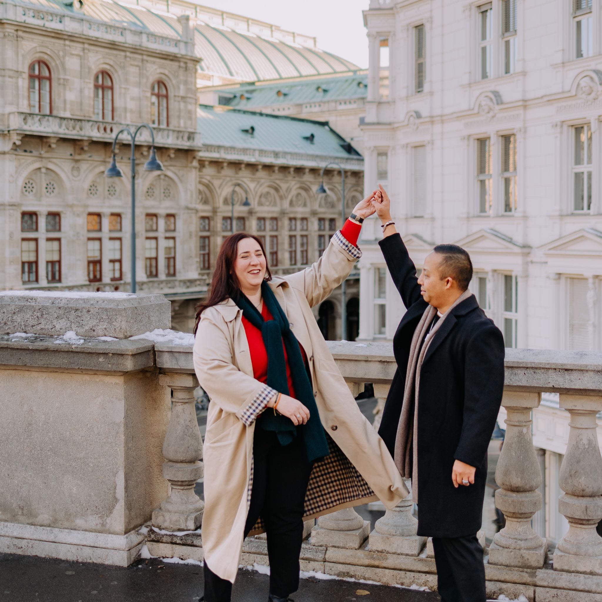 We had engagement pictures taken by Virag Horvath in Vienna, Austria. This photo was taken at the Albertina Rooftop - November, 2025