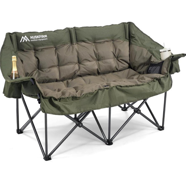 Double Camping Chairs Padded Loveseat Chair for 2 Person - Heavy Duty Oversized Camping Couch for Adults Outdoor Lawn Beach - Portable Folding Sofa with Cup Holders and Carry Bag, Green