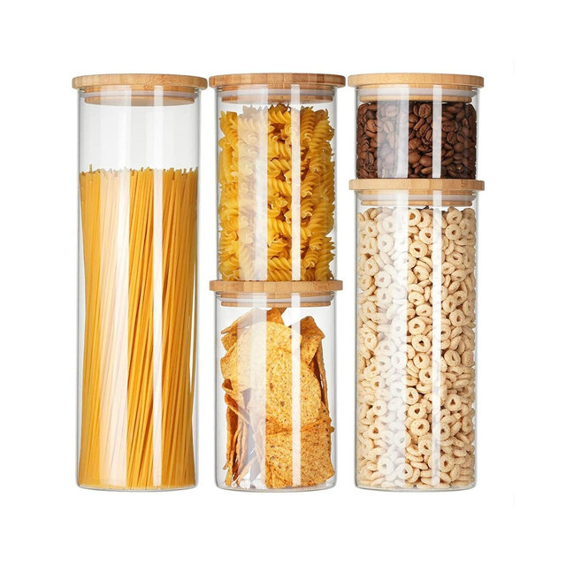 Genicook 5 Pc Borosilicate Glass Canister Set with Bamboo Lids, Glass Containers
