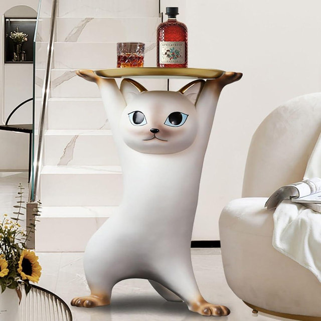 homary Whimsical Cat Side Table with Gold Tray, Resin Figurine Accent Table for Living Room, Bedroom, or Entryway