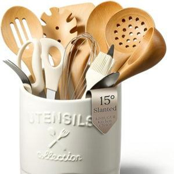 AISBUGUR Large Ceramic Utensil Holder: 7.5" H×6.3" W with Slanted Mouth - Utensil Crock with Non-Slip Cork Base for Kitchen Counter, Ideal for Decor & Gift,white utensil holder