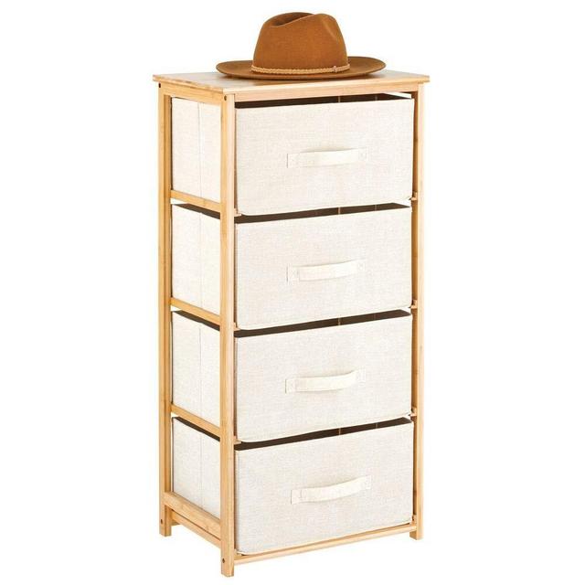 mDesign Vertical Dresser Storage Tower - 4 Drawers - Sturdy Bamboo Frame with Easy Pull Fabric Bins - Multi-Bin Organizer for Bedroom, Hallway, Entryway, Closets - Cream/Natural