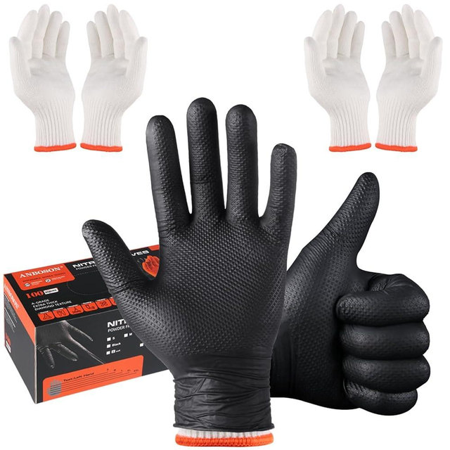 ANBOSON BBQ Gloves for Cooking Baking Grilling, 100 Count Disposable Nitrile Gloves and 4 Count Cotton Glove Liners Washable (10mil Nitrile, X-Large)