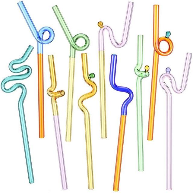 Gerrii 10 Pcs Wavy Glass Straws Twisty Straws Reusable Colorful Silly Glass Straws Bulk Christmas Glass Straw Gifts for Drinking Beverages Coffee Wine Drinks(Cool)