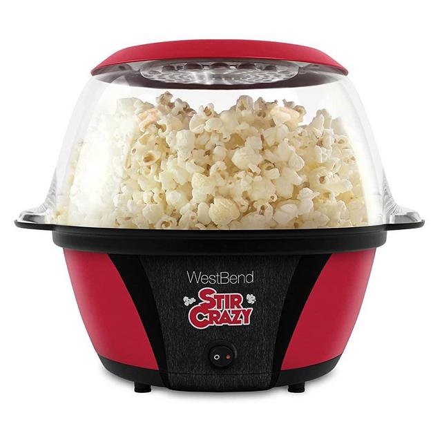 West Bend Stir Crazy Electric Hot Oil Popcorn Popper Machine Offers Large Lid for Serving Bowl and Convenient Storage, 6-Quarts, Red